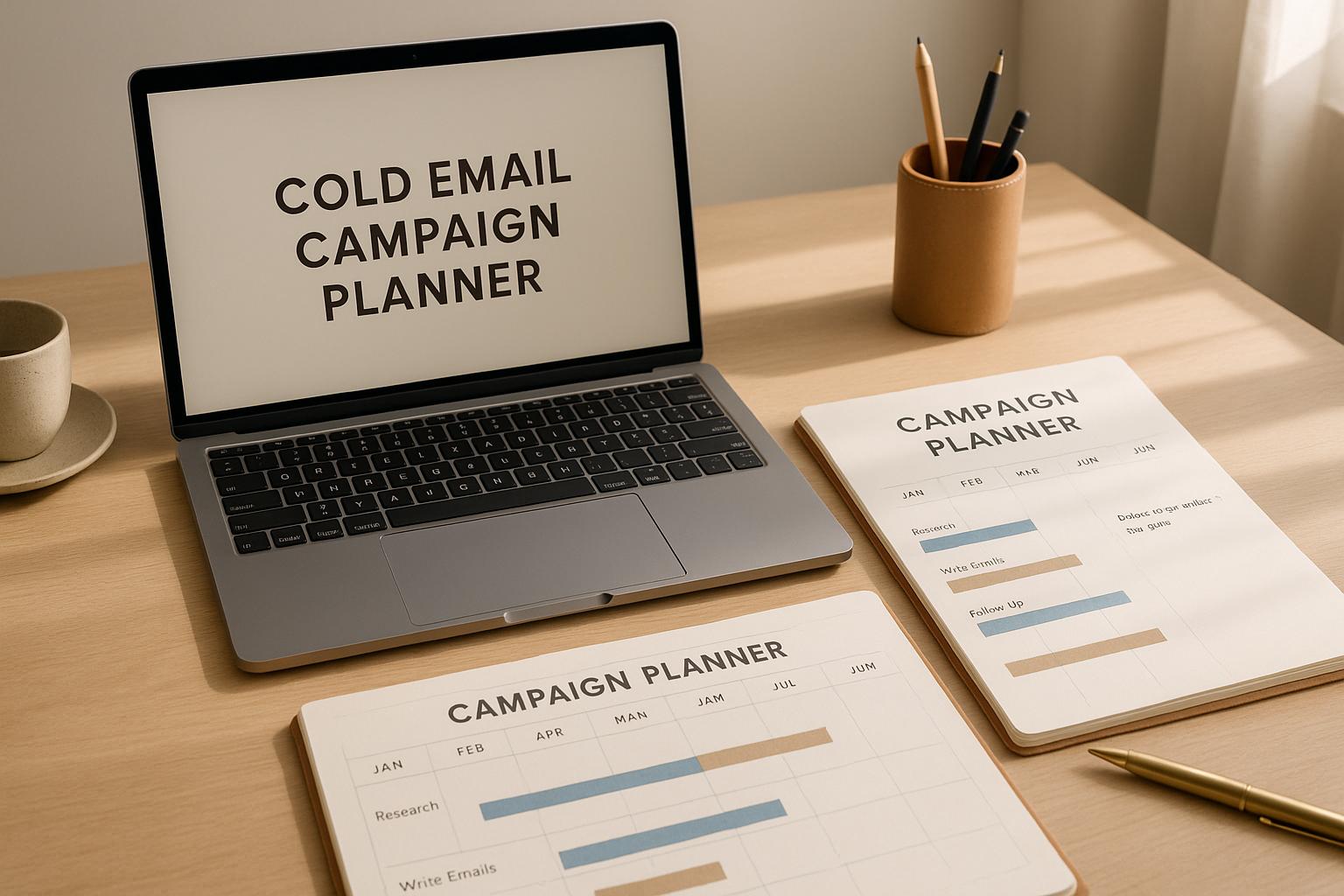Professional marketer reviewing cold email campaign strategy with scheduling calendar and follow-up sequences on laptop