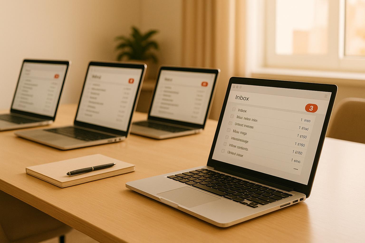 Email outreach specialist reviewing multiple email accounts and deliverability metrics on laptop dashboard to optimize cold email campaigns