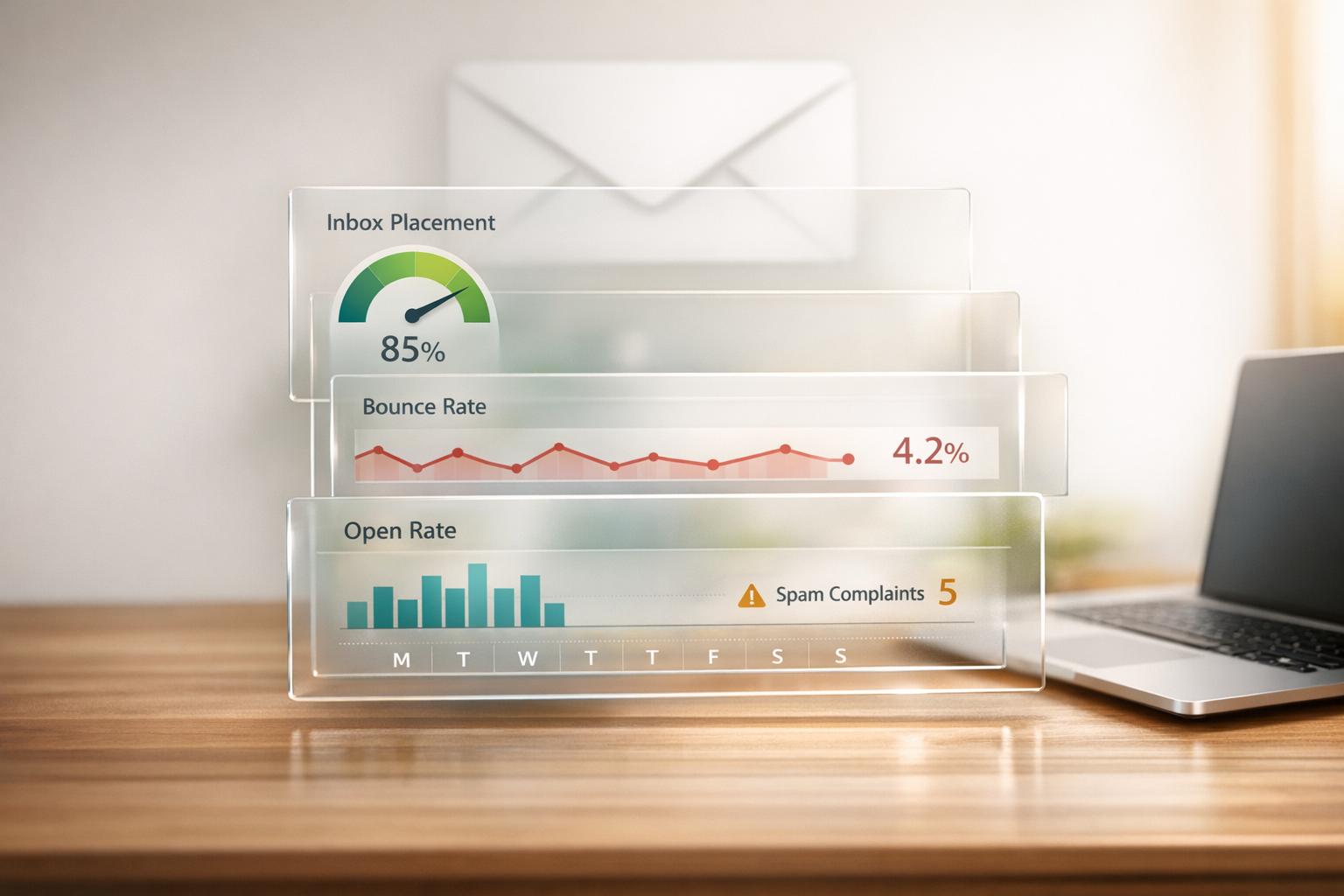 Email warm-up monitoring dashboard showing deliverability metrics and sender reputation scores for successful email marketing campaigns